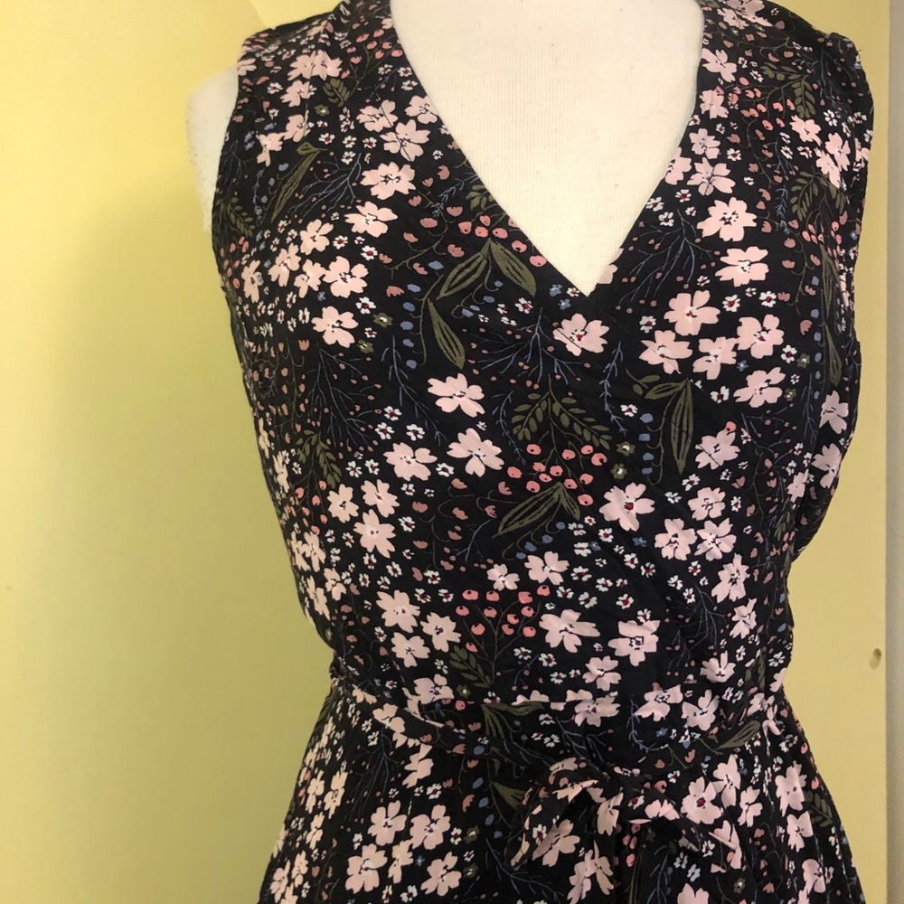 LOFT Black Floral Mini Wrap Dress